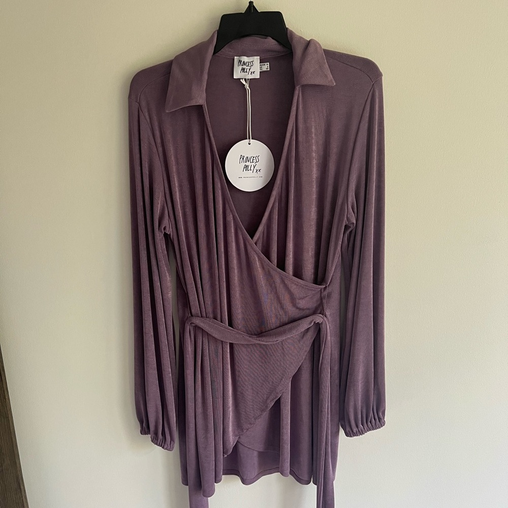 Size 6, purple Princess Polly long-sleeve, wrap dress